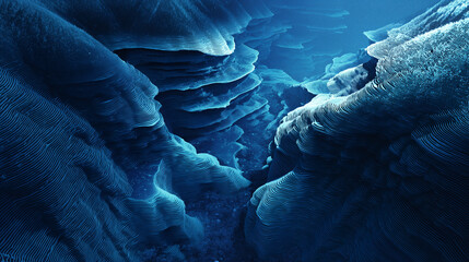 Underwater canyon with cascading blue layers creating a liquid avalanche visible through sonar-like ripples.
