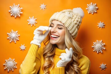 Joyful blonde woman in winter attire smiles brightly surrounded by decorative snowflakes on an orange background