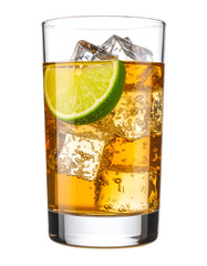 Refreshing iced tea drink with lime and ice cubes in a tall glass isolated on transparent background.