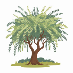 Fototapeta premium Cartoon tree illustration with light green and dark green foliage on a white background
