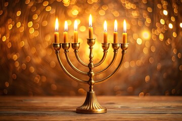 Fototapeta premium Seven lit candles on a golden menorah with a warm bokeh background