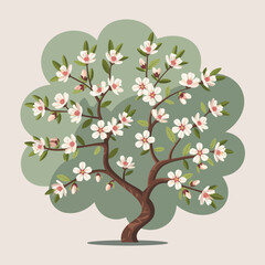 Stylized almond tree illustration with white blossoms green leaves and brown branches