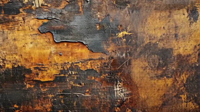Close-up view of weathered wood surface with rust and peeling paint, showcasing texture and decay