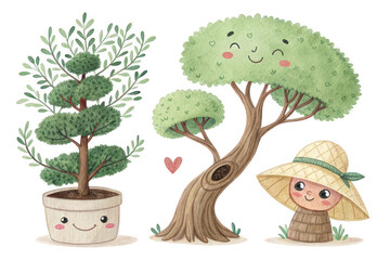 Adorable watercolor featuring potted bonsai tree, smiling tree character, and cute mushroom person on a transparent background.