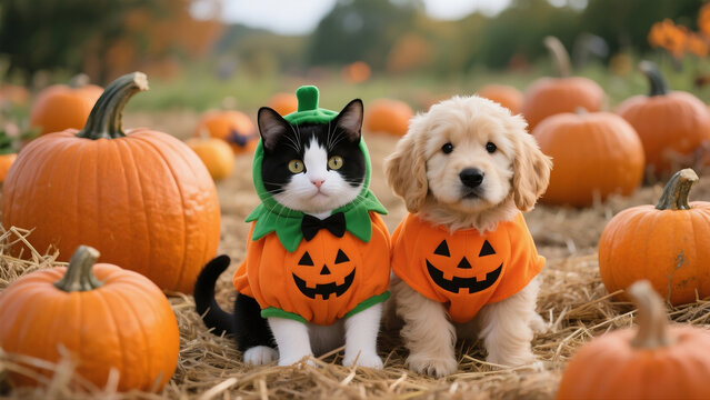 An adorable puppy and kitten in pumpkin costumes sitting together in a rustic pumpkin patch for an autumn Halloween photo