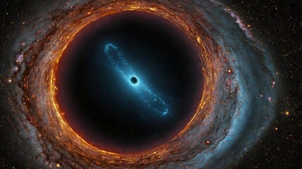 A black hole as a cosmic vacuum cleaner, pulling in entire star systems, depicted with a terrifying, beautiful inevitability.