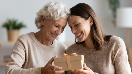 Affectionate gift exchange between mother and daughter