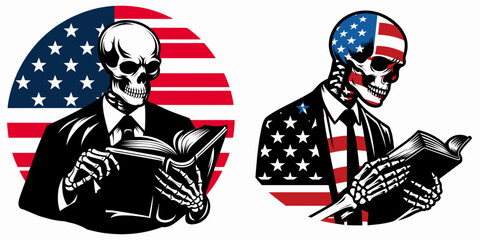 A Skeleton as Lawyer reading legal book studious. Independence Day 4th of July American Flag Print Clipart Vector Illustration. Bone attorney in deep thought learning law with open.