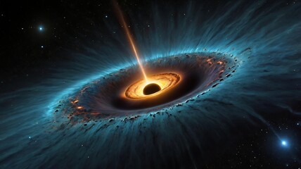 A black hole's jet streams, depicted as powerful, luminous spears piercing through the cosmic void.