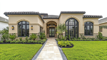Obraz premium Large beige house with arched windows and tiled roof surrounded by green grass and landscaped plants, creating welcoming and elegant exterior view