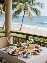 Obraz premium A breakfast at a tropical resort, with the gentle sound of waves lapping at the shore while the air carries the scent of jasmine and saltwater