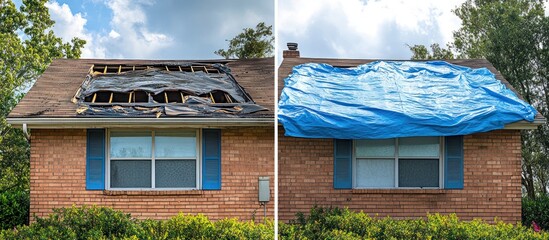 Damaged roof covered with tarp, home repair