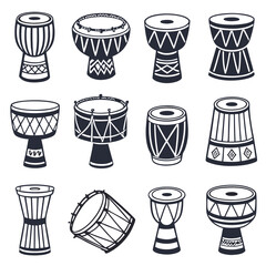 Collection of 16 diverse tabla drum silhouettes isolated on white background