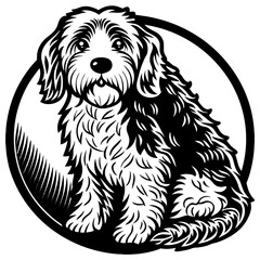 Fluffy dog sitting inside circle silhouette
