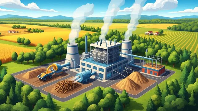 Biomass Power Plant Illustration with Smoke Plumes and Rural Landscape