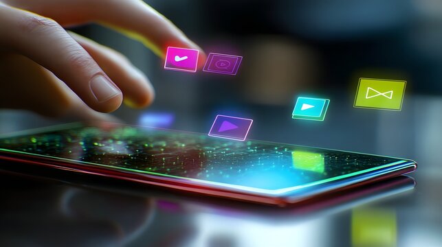 Hands interacting with a glowing smartphone interface. - Powered by Adobe