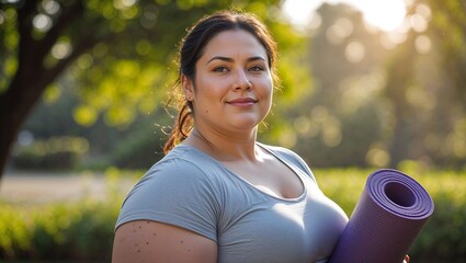 Plus Size Woman Ready for Yoga in Park Healthy Lifestyle