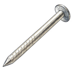 Shiny steel nail with ribbed shaft and angled pose