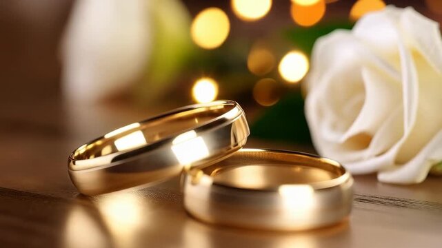 Two wedding rings arranged on a wooden surface with a white rose and bokeh lights in the background creating a warm, romantic atmosphere.