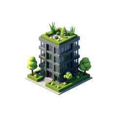 3D Isometric Modern Apartment Building with Green Roof Illustration