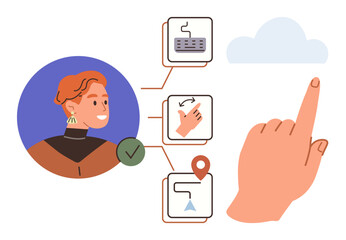 User portrait with flowchart showing keyboard, hand gesture, location icon, and cloud connectivity. Ideal for digital decision-making, interface design, cloud integration, technology, workflows data
