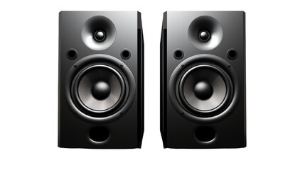 Two professional studio monitors shine isolated on transparent background, ideal for audio production and music creation.