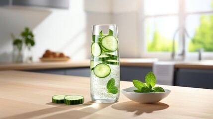 Refreshing cucumber and mint infused water on a wooden table.