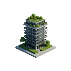 3D Isometric Modern Apartment Building with Green Roof Illustration