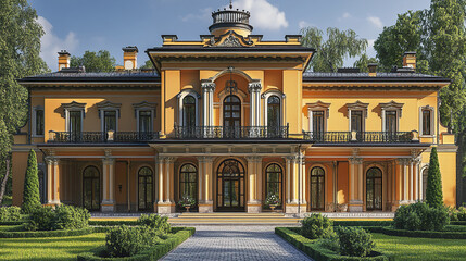 Luxury yellow mansion with classical architecture and lush green garden under blue sky on sunny day, showcasing elegant columns, arched windows, and decorative balcony railings
