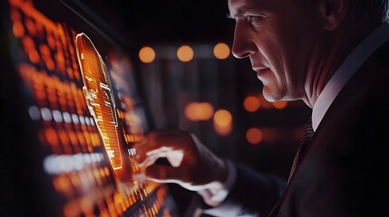 Businessman interacts with a futuristic, interactive display.