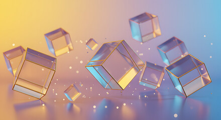 Abstract geometric composition of translucent cubes with golden edges floating in a gradient background