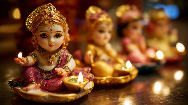 Adorable Krishna Idols Holding Diyas for Janmashtami Festival – Colorful Divine Figurines Representing Indian Culture, Celebration, and Spiritual Light