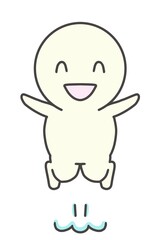 Simple full-body portrait of a smiling, jumping figure