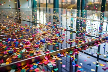 A vibrant scattering of colorful confetti blankets a sleek reflective floor creating a festive and celebratory atmosphere