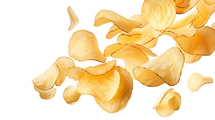 Golden potato crisps elegantly float on a transparent background.