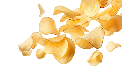 Golden potato crisps elegantly float on a transparent background.