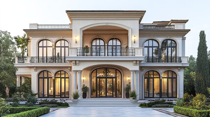 Fototapeta premium Luxury modern house with large arched windows and elegant balcony surrounded by lush garden and trees, showcasing warm interior lighting and classic architectural details