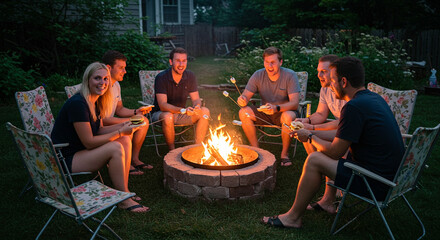Group of friends sitting on folding chairs around a backyard fire pit, roasting marshmallows