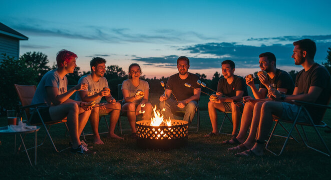 Group of friends sitting on folding chairs around a backyard fire pit, roasting marshmallows - Powered by Adobe