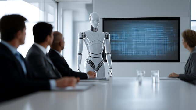 AI robot assistant presenting data to business executives in a modern conference room, clean futuristic aesthetic