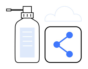 Pump-top sanitizer bottle next to sharing icon and minimalist cloud outline. Ideal for hygiene, protection, sharing, technology, communication, connectivity, and simple landing page