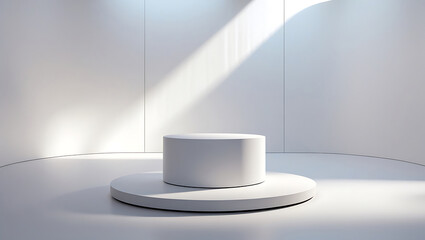 Minimal white cylinder podiums for product display. Modern 3D rendered abstract background with a set of geometric pedestals for a cosmetic or retail showcase presentation