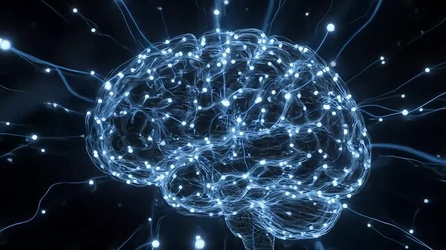 Abstract visualization of Artificial Intelligence (AI) with pulsing nodes and connecting fiber-optic filaments creating a brain - AI Generated