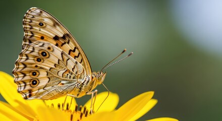 Obraz premium A beautiful butterfly with intricate brown and beige patterns rests on a vibrant yellow flower, its antennae gracefully curved.