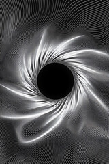 A black hole located at the center of a captivating optical illusion pattern, featuring intricate thin lines and elaborate geometric designs, creates a hypnotic visual effect.