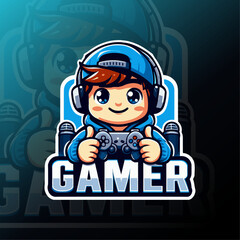 Chibi style gamer logo featuring a cute boy with headset and controller. Bright colors and bold "GAMER" text make it perfect for esports branding, streamers, or gaming content.
