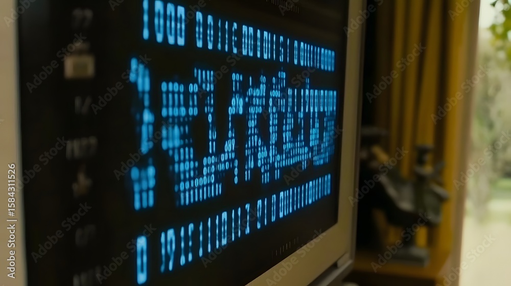 Aufkleber binary code displayed on a vintage computer monitor.