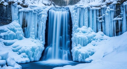 A winter waterfall flows amidst ice formations, creating a serene, frozen landscape with snow-covered rocks and trees in the background.