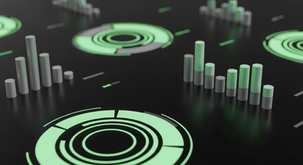 Abstract visualization of data, featuring bar graphs and circular charts with a glowing green and gray color scheme.