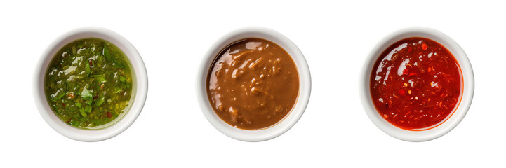 Green salsa verde, satay peanut, siracha sauce in white ceramic bowl transparent PNG cutout set bundle, isolated background. Vibrant colorful flavor cue, culinary food condiment